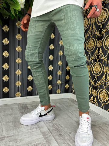 Blugi barbati conici, verzi cu imprimeu 1259