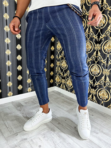 Pantaloni barbati smart casual bleumarin in dungi B1551 5-3