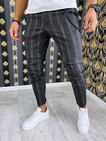 Pantaloni barbati smart casual gri inchis in dungi B1551 13-4