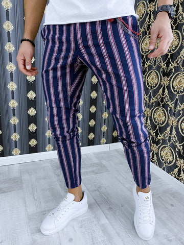 Pantaloni barbati smart casual bleumarin in dungi B1603 6-5