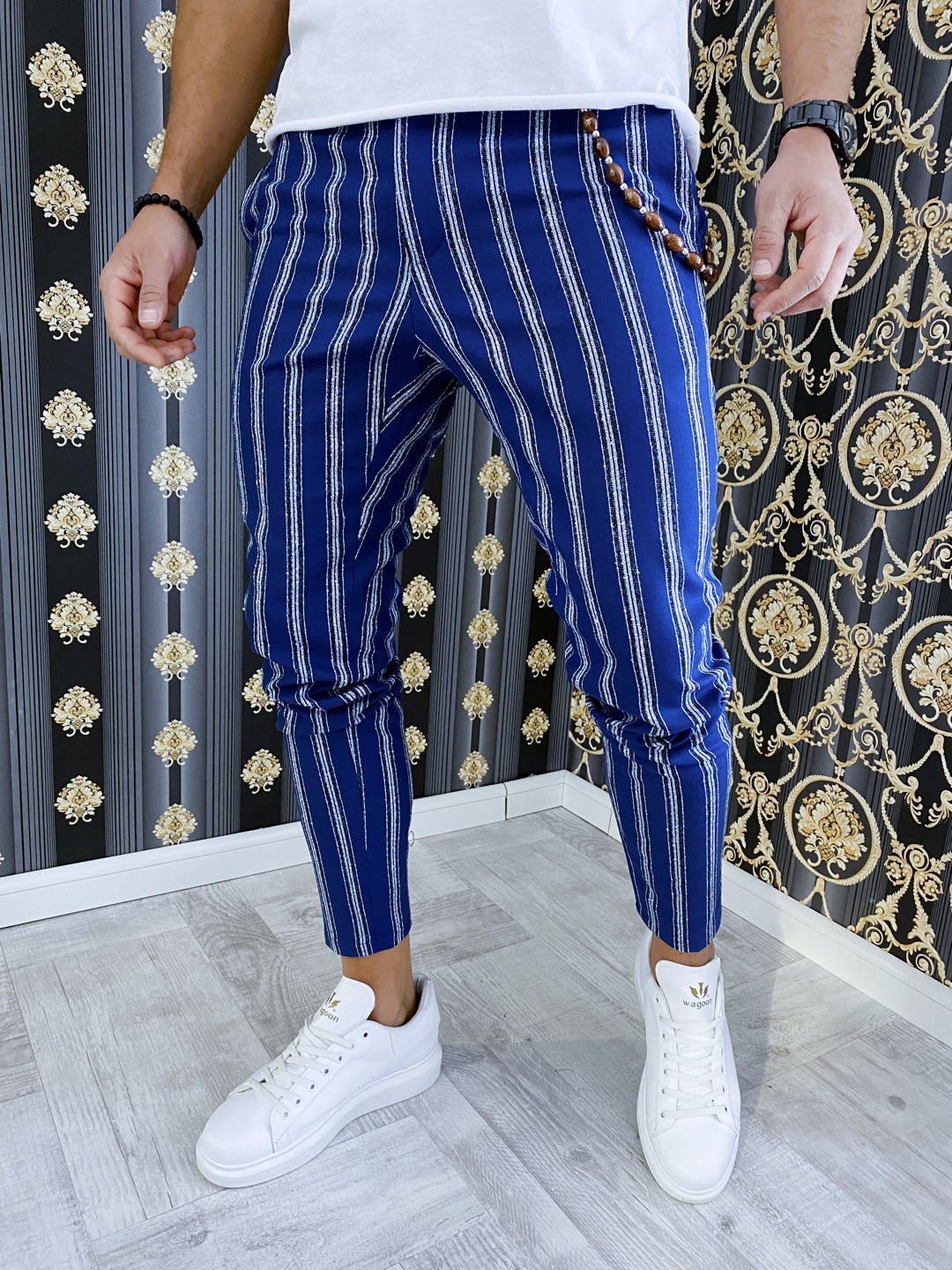 Pantaloni barbati smart casual albastri in dungi B1606 14-3