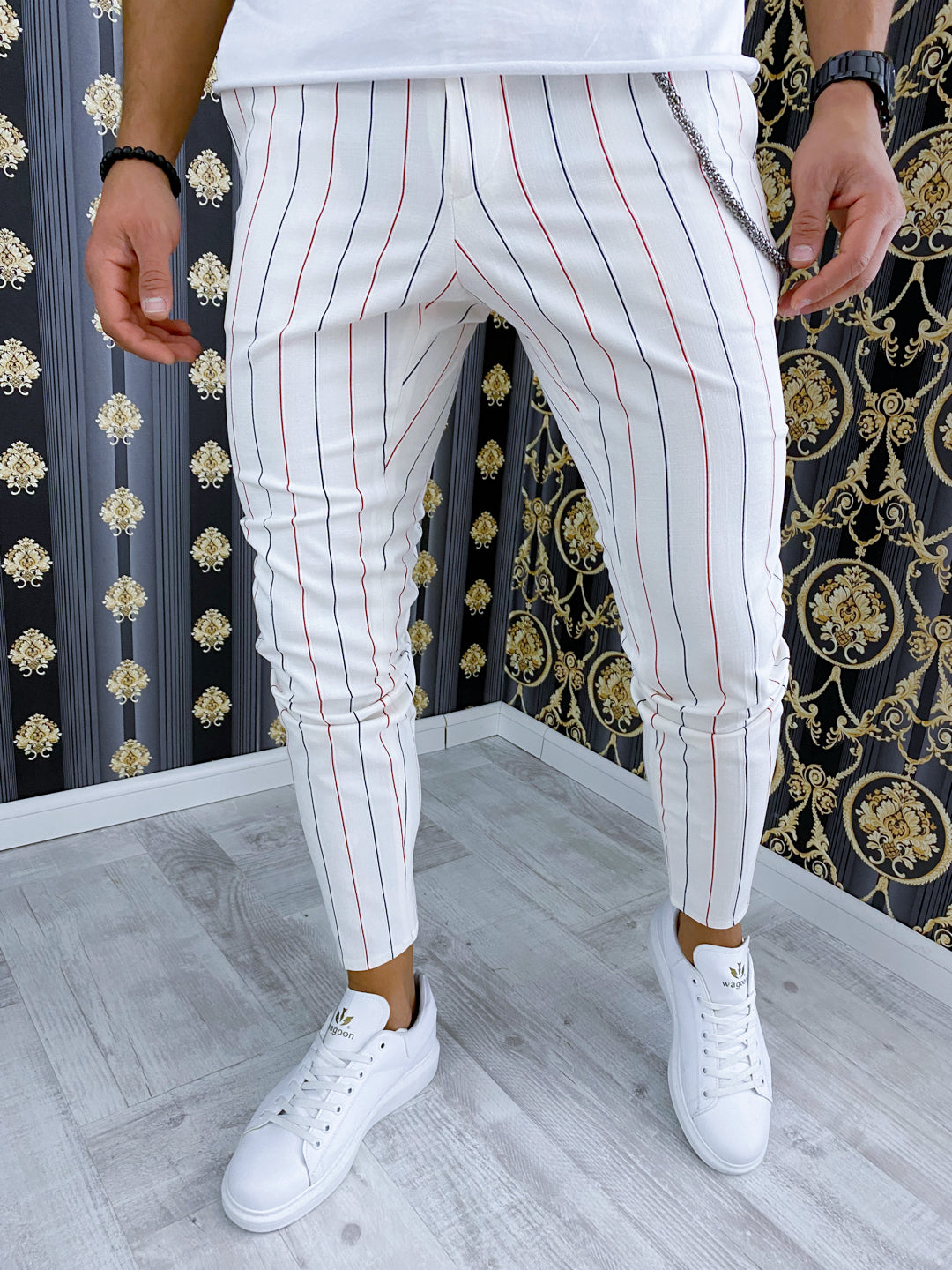 Pantaloni barbati smart casual albi in dungi B1730 4-4
