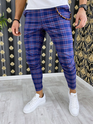 Pantaloni barbati smart casual albastri in carouri B1738 15-3