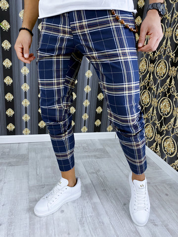 Pantaloni barbati smart casual bleumarin in carouri B1741 14-1