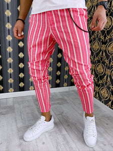 Pantaloni barbati smart casual roz in dungi B1742 14-5