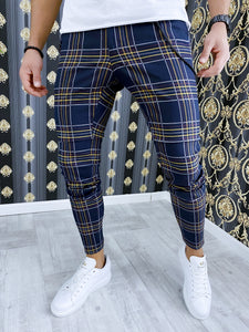 Pantaloni barbati smart casual bleumarin in carouri B1749 2-5
