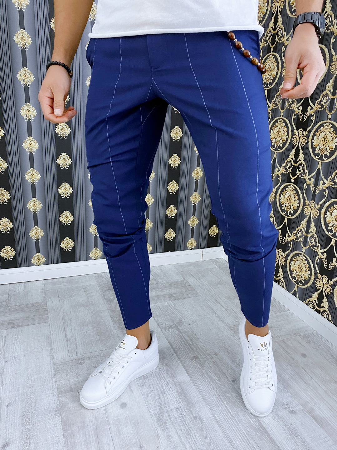 Pantaloni barbati smart casual albastri in dungi B1751 2-2