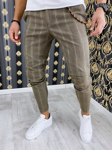Pantaloni barbati smart casual kaki in dungi B1858 10-2