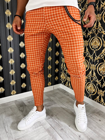 Pantaloni barbati smart casual portocalii in carouri B1880 9-5