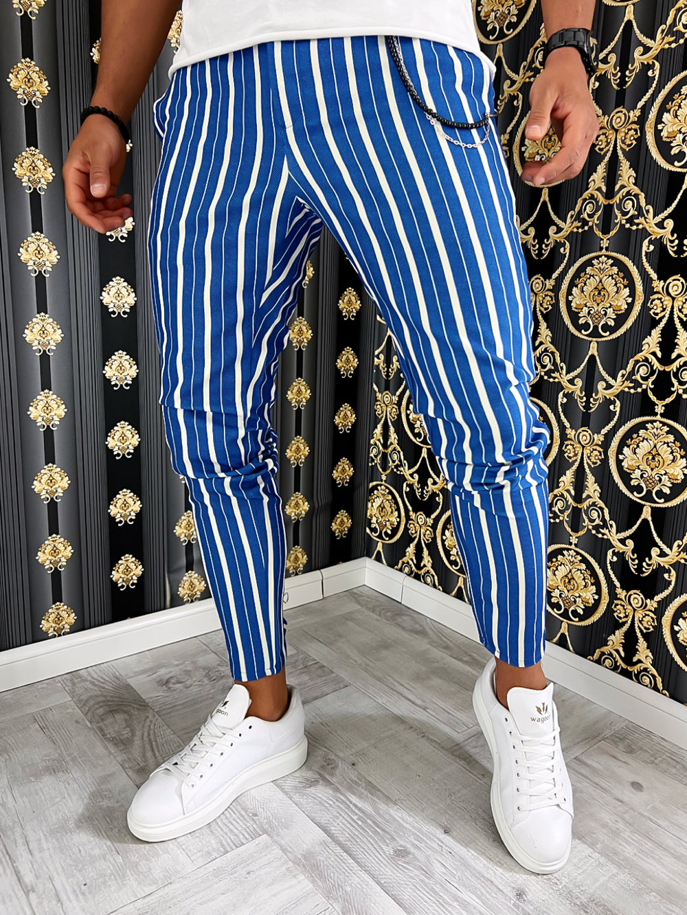 Pantaloni barbati smart casual albastri in dungi B1772 154-5