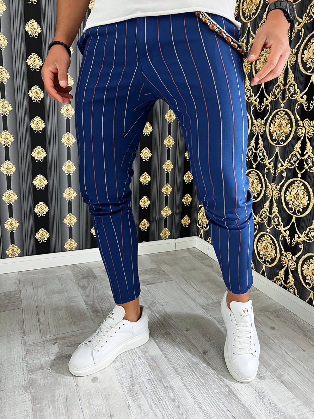 Pantaloni barbati smart casual bleumarin in dungi B7871 12-4