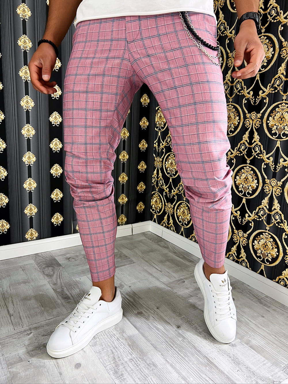 Pantaloni barbati smart casual roz in carouri B7873 1-5