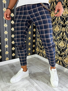 Pantaloni barbati smart casual bleumarin in carouri B7941 13-3