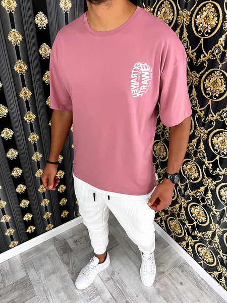 Tricou barbati slim fit roz cu imprimeu pe spate B7954