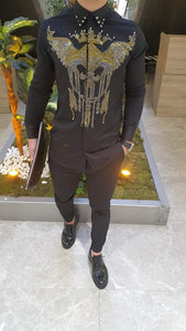 Camasa barbati neagra slim fit cu imprimeu auriu B5507* 18-4