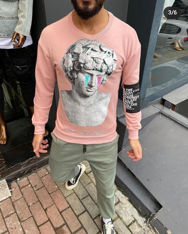 Bluza barbati slim fit roz cu imprimeu K404 7-3