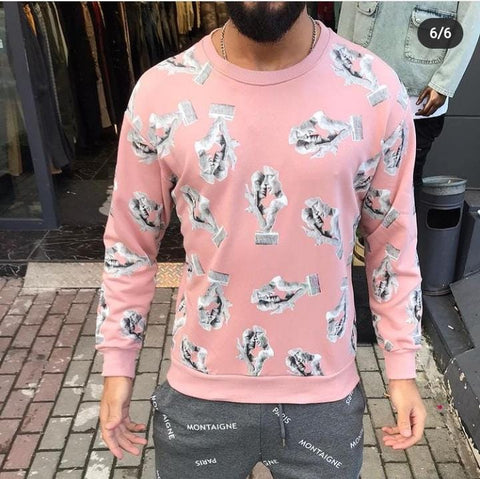 Bluza barbati slim fit roz cu imprimeu K410